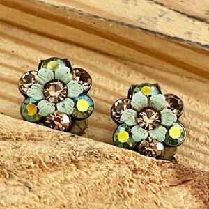 Vintage Clip Earrings Dainty Floral Rhinestone